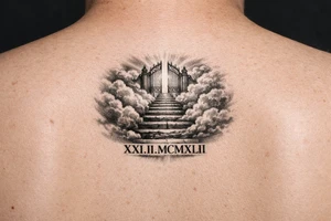 Stairway to heaven, with clouds surrounding the stairs, and the gate being at the top. A date, below the stairs, in Roman numerals 21.02.1942. tattoo idea