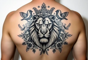 powerful majestic lion with a crown, surrounded by floral ornaments and birds tattoo idea