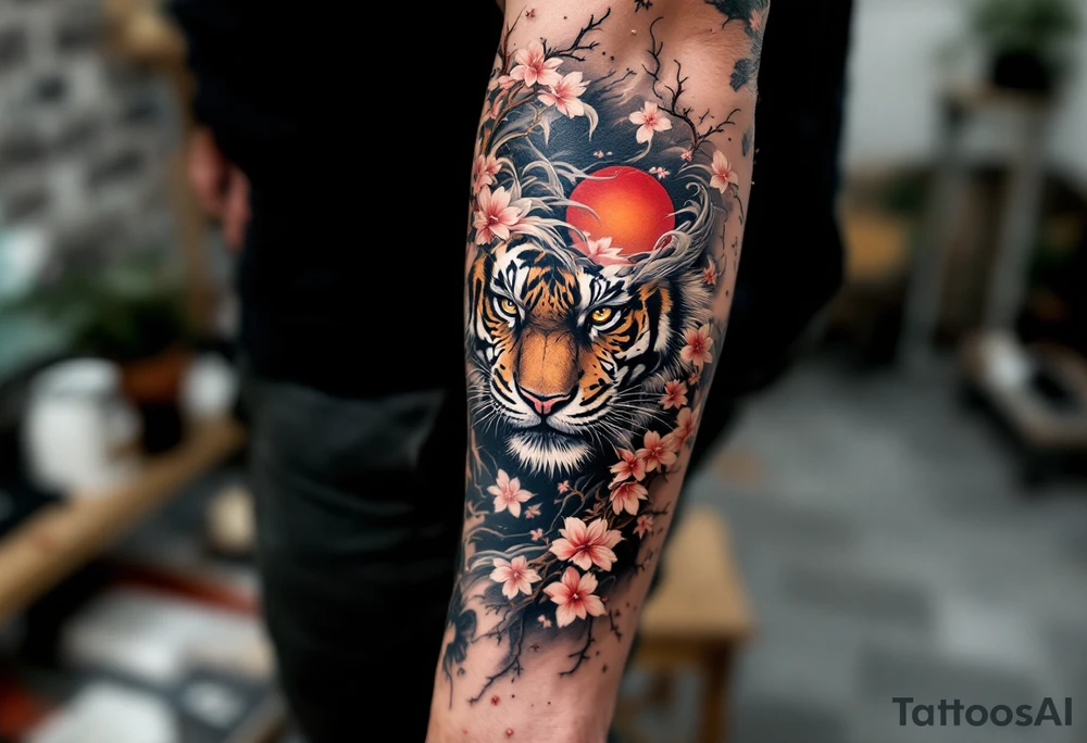 Full arm sleeve, one koi fish, one tiger, the sun, cherry blossom filler, beautiful tattoo idea