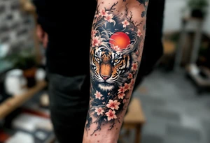 Full arm sleeve, one koi fish, one tiger, the sun, cherry blossom filler, beautiful tattoo idea