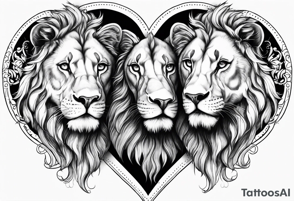 twin lion head shaped like a heart tattoo idea