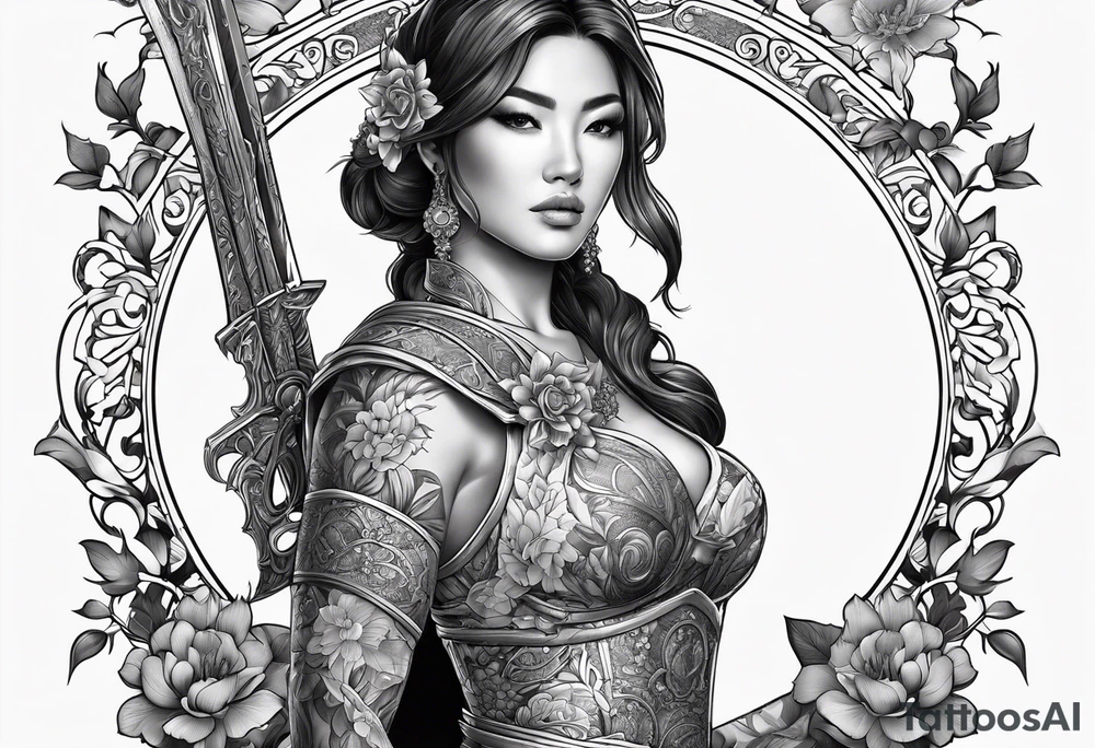 ornate beautiful woman warrior with weapon & floral arch background tattoo from head to torso tattoo idea