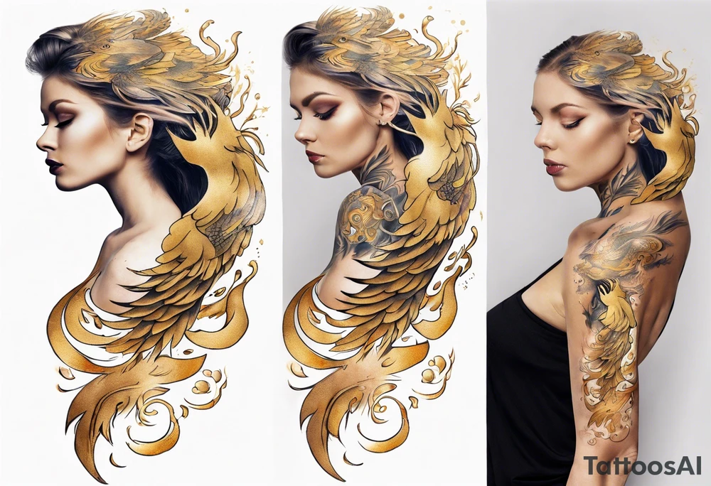 Sleeve tattoo on a woman's arm. Gold Phoenix tattoo idea