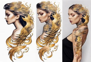 Sleeve tattoo on a woman's arm. Gold Phoenix tattoo idea