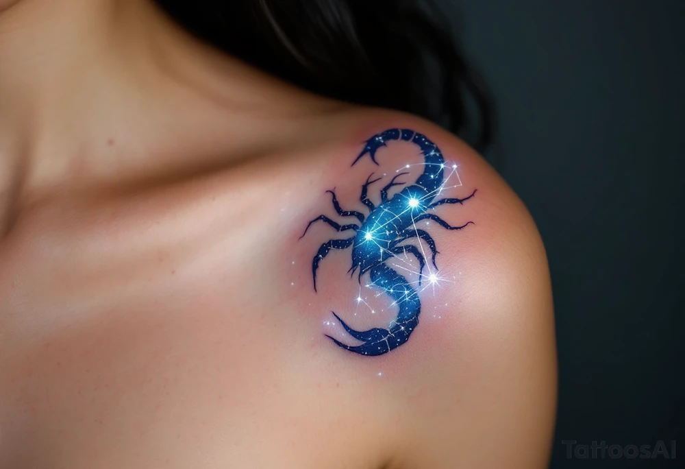 In the deep indigo sky, Scorpius coils like a celestial scorpion outlined in white light moving toward its star constellation tattoo idea