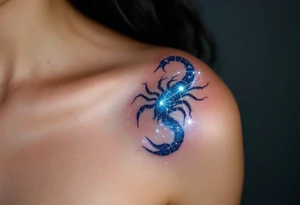 In the deep indigo sky, Scorpius coils like a celestial scorpion outlined in white light moving toward its star constellation tattoo idea
