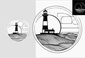 lighthouse geometric in fluid lines and circle framed tattoo idea