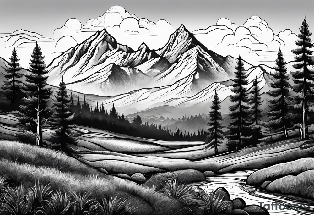 Mountains valley trees tattoo idea