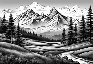 Mountains valley trees tattoo idea