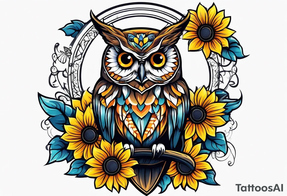Owl with butterfly body surrounded by sunflowers tattoo idea