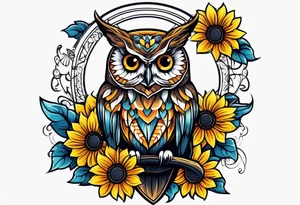 Owl with butterfly body surrounded by sunflowers tattoo idea
