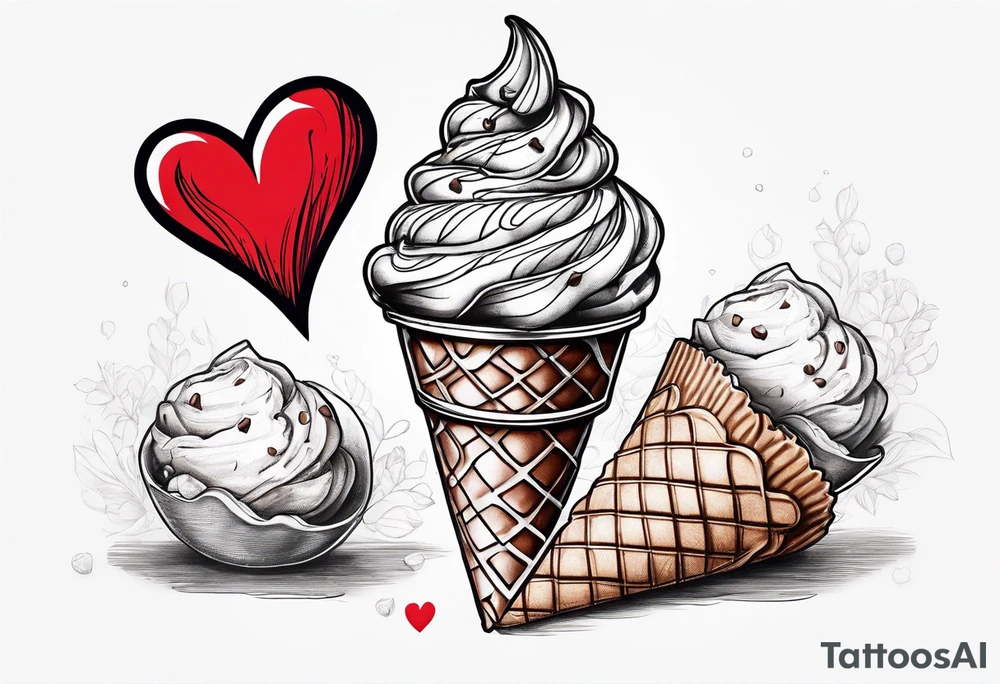sketch chocolate chip ice cream cone with one red heart tattoo idea