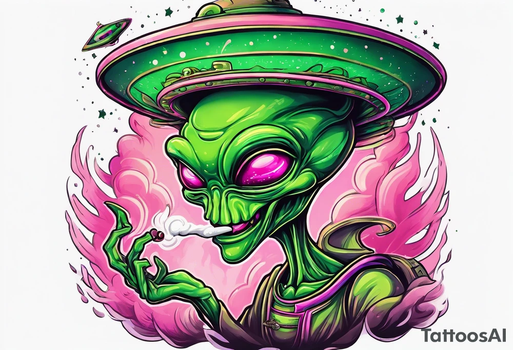 green alien inside of a ufo, smoking a joint, is smiling, pink smoke tattoo idea