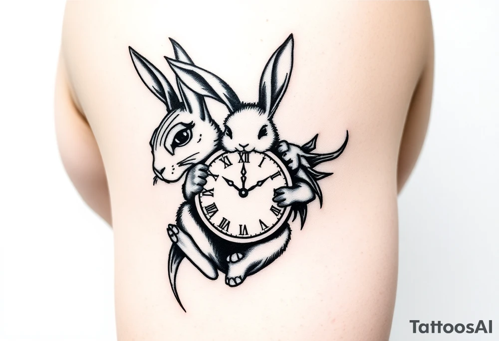 Tribal Rabbit holding a Clock tattoo idea