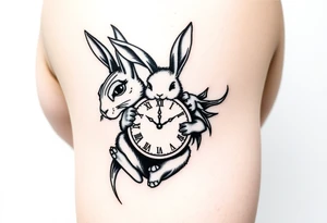 Tribal Rabbit holding a Clock tattoo idea