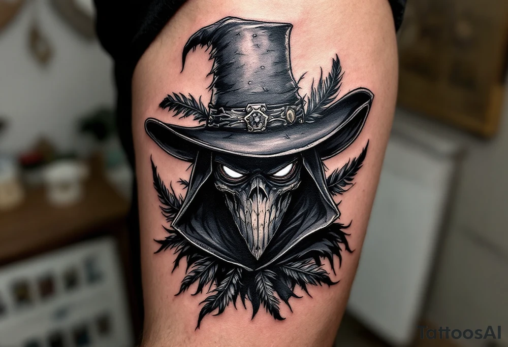 Plague Doctor with Crow Feathers – A mysterious plague doctor with crow feathers woven into the edges of the hat and cloak. The mask is dark gray with weathered metal detailing, and the eyes reflect dim light from a distant source. tattoo idea