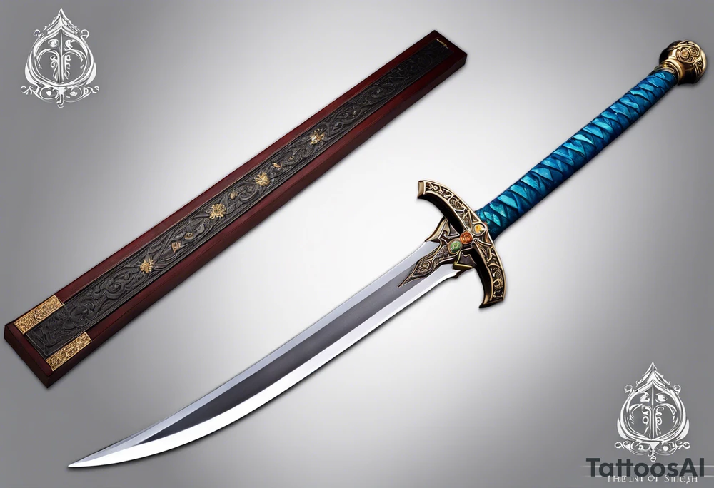 Master Sword with the blade symbolizing unwavering strength. The hilt features delicate, engraved patterns of flowers and leaves to represent kindness. Elemental symbols—fire, water, earth, and air—are subtly placed around the sword, blending seamlessly into the design to highlight the unity of strength and kindness." tattoo idea
