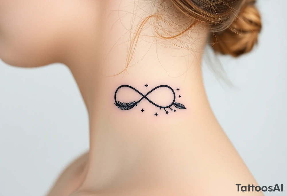 infinity symbol woven with floating feathers and stardust tattoo idea