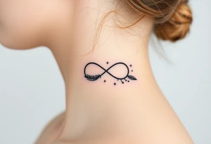infinity symbol woven with floating feathers and stardust tattoo idea