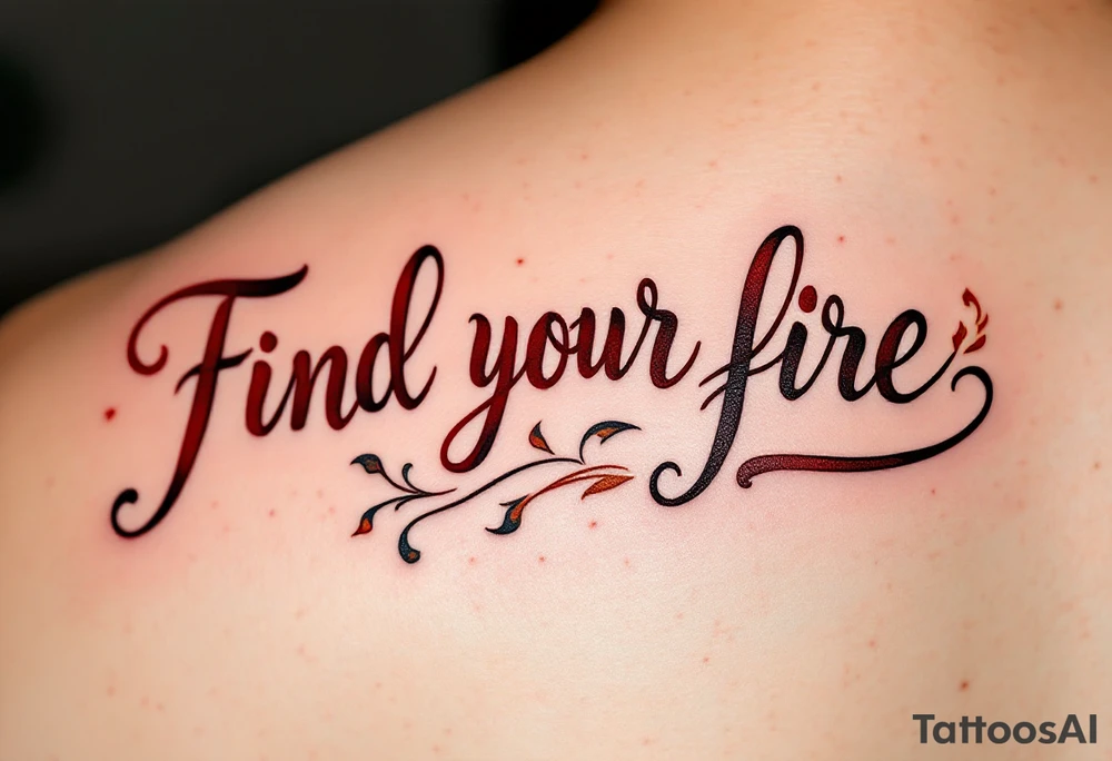 “Find your fire” in smoky red script, trailing into a stylized flame in rust and gold. tattoo idea