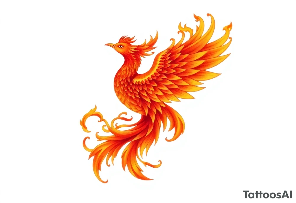 large fiery phoenix surrounded by fire. with a crown of fire flapping wings with a flaming tail tattoo idea