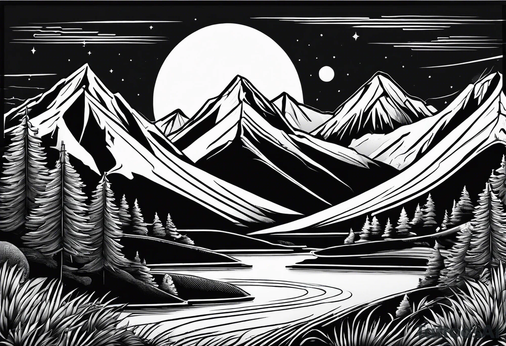 mountains, road, lake, yurt, sun tattoo idea