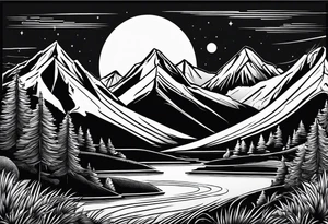 mountains, road, lake, yurt, sun tattoo idea