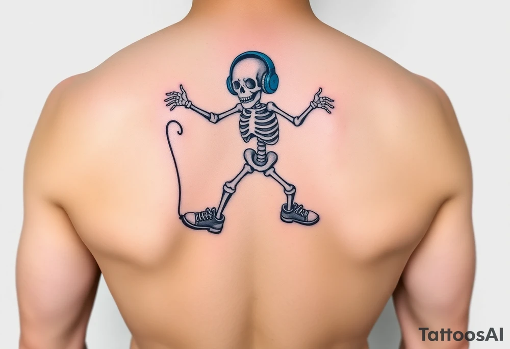 Funny small skeleton jumping on jump rope with a blue headphones and blue tennis shoes tattoo idea