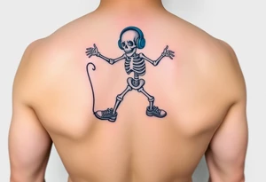 Funny small skeleton jumping on  jump rope with a blue headphones and blue tennis shoes tattoo idea
