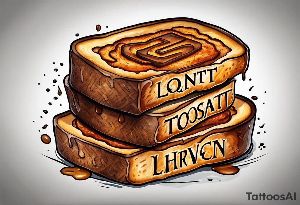 Burnt toast with the letters LGNTW carved into it tattoo idea