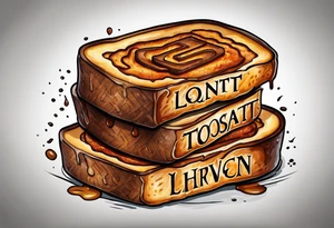 Burnt toast with the letters LGNTW carved into it tattoo idea