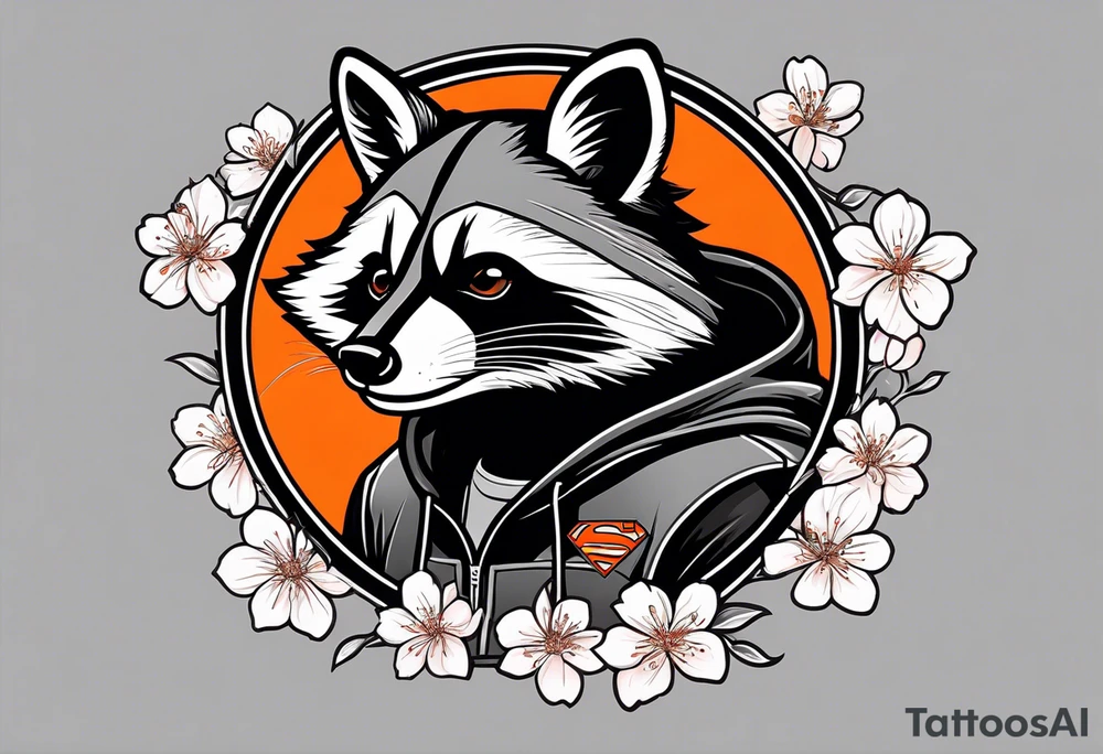 Raccoon wearing a white Superman logo on a black hoodie and orange Japanese cherry blossoms tattoo idea