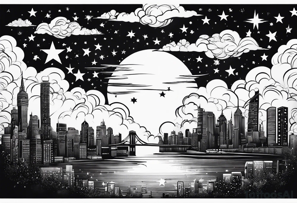 stars, clouds, city tattoo idea