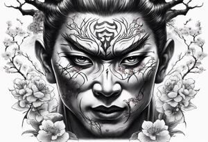 japanese evil spirit with japan and cherry blossom trees in the background tattoo idea