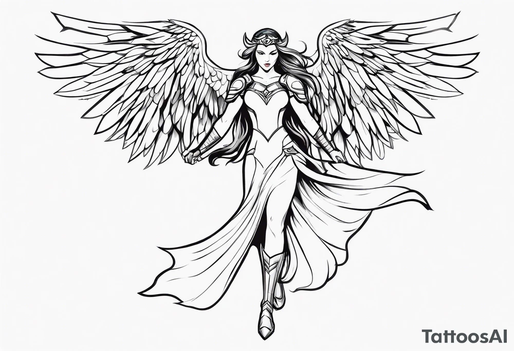 The full body of a Valkyrie with wings flying tattoo idea