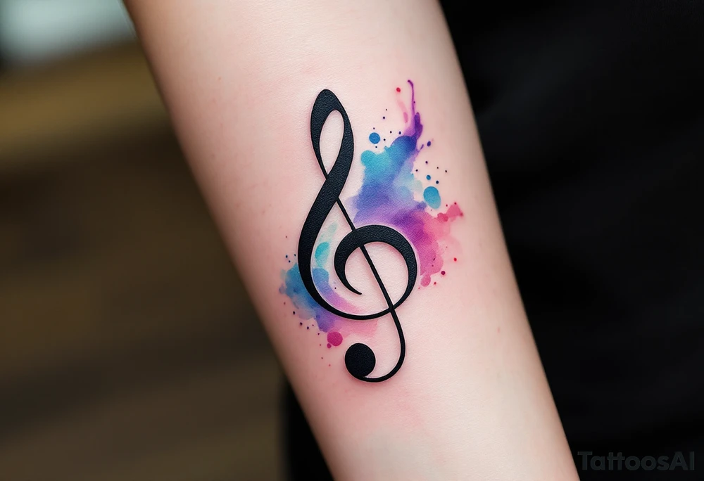 Treble Clef and Watercolor Swirl – A bold treble clef in black, surrounded by a swirl of soft blue, purple, and pink watercolor, representing the fluidity and emotion of music. tattoo idea