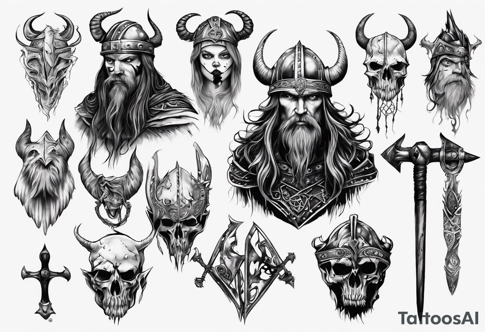 uma bruxa viking com corvos em preto e branco tattoo idea