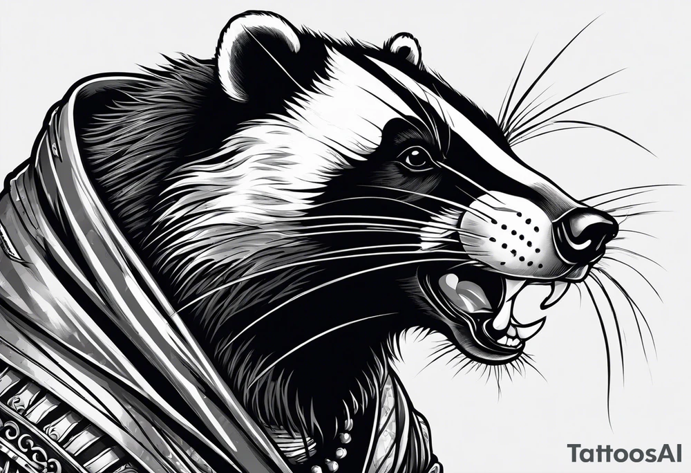 Draw me hunting badger with aggressive full body, killer face with a smile, very long nails and he attacks like a Turkish gladiator to enemy and also he has very deadly looking. The only weapon is his braveness he fights with his nails. Everybody scares after their first sight. And horror type Badger this is. tattoo idea