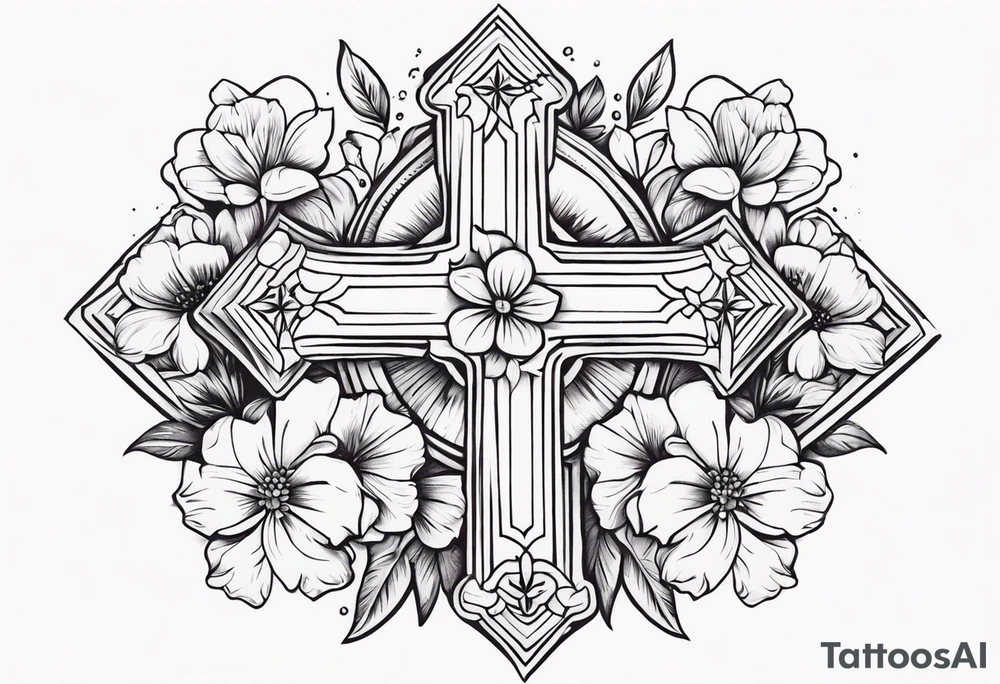 cross surrounded with flowers tattoo idea