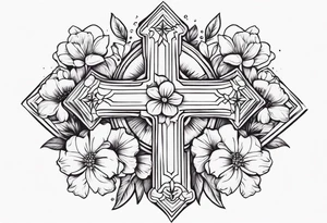 cross surrounded with flowers tattoo idea