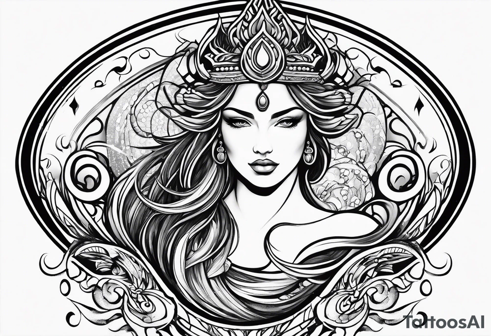 Aquarius goddess with water surrounding it in a tribal design tattoo idea