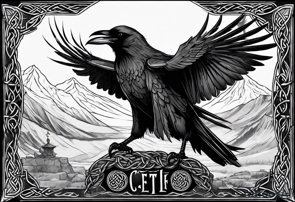 Large raven sitting on top of banner held up by 3 spears on a mideaval battle field. The banner has celtic runs on it. Tattoo would fit on forearm tattoo idea