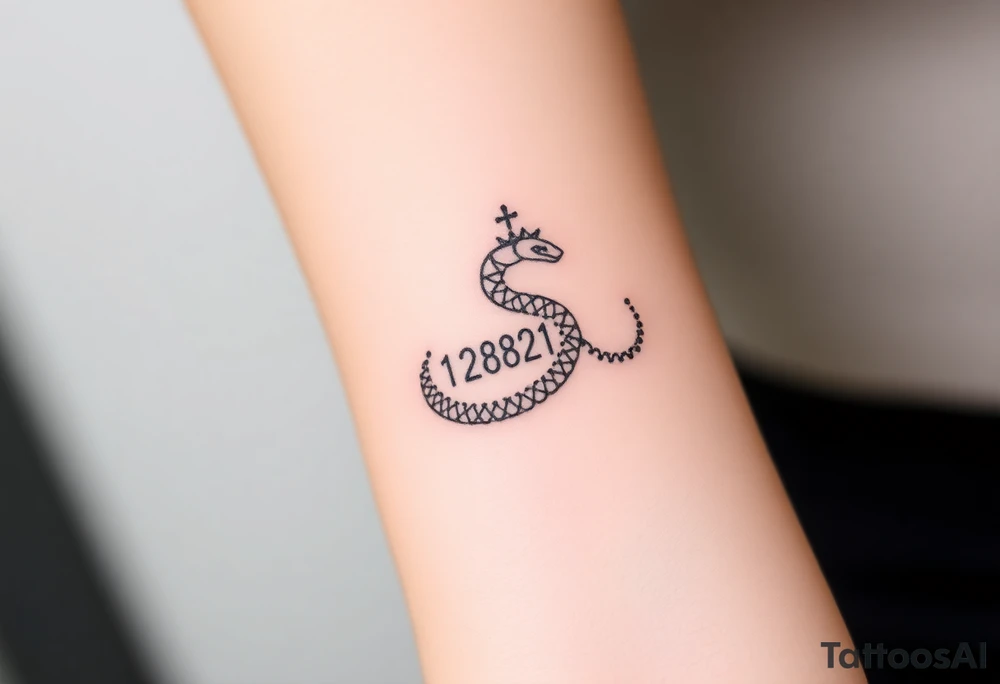 I want a small simple silhouette lines black and white wrist princess like girl snake tattoo that has number 12821 on its body along and also I want it to represent feminine energy crown queen Cycle tattoo idea