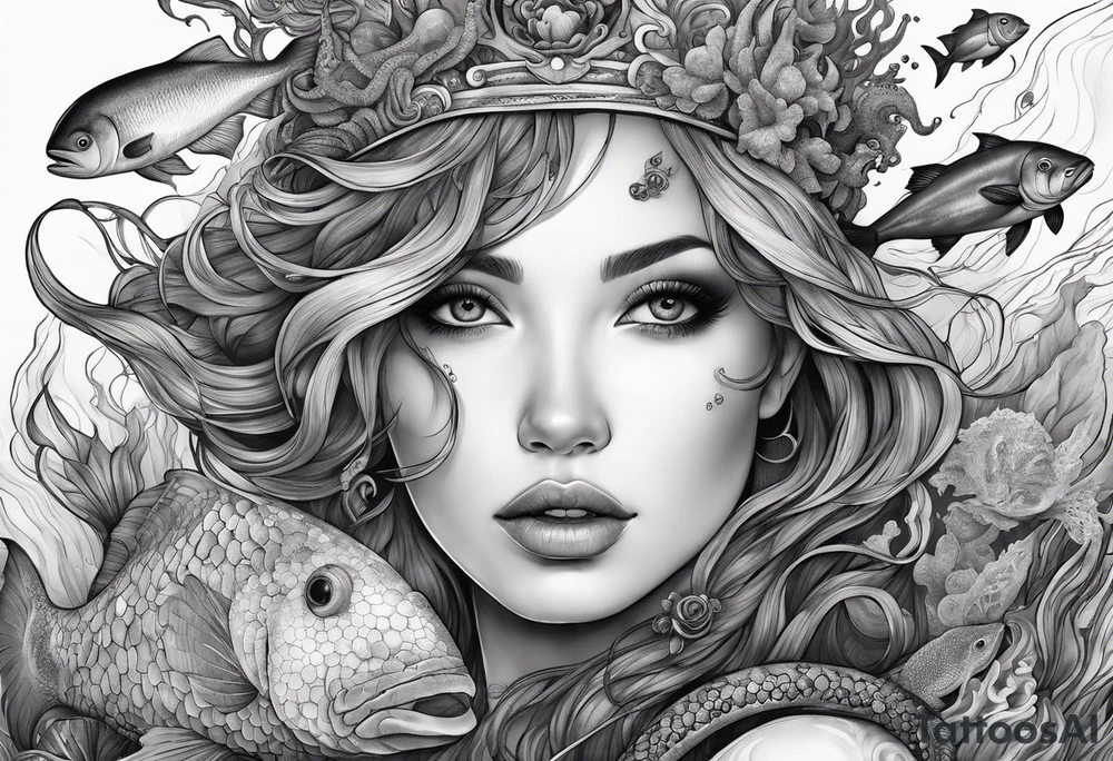 Ethereal woman of the sea surrounded by deep sea creatures. tattoo idea