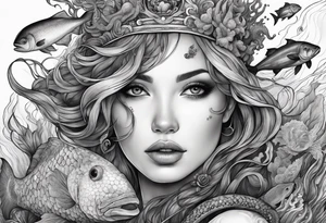 Ethereal woman of the sea surrounded by deep sea creatures. tattoo idea