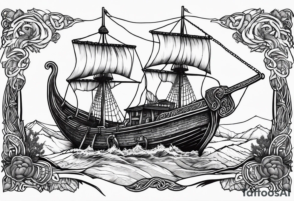 Viking long ship, grizzly bear, oak tree tattoo idea
