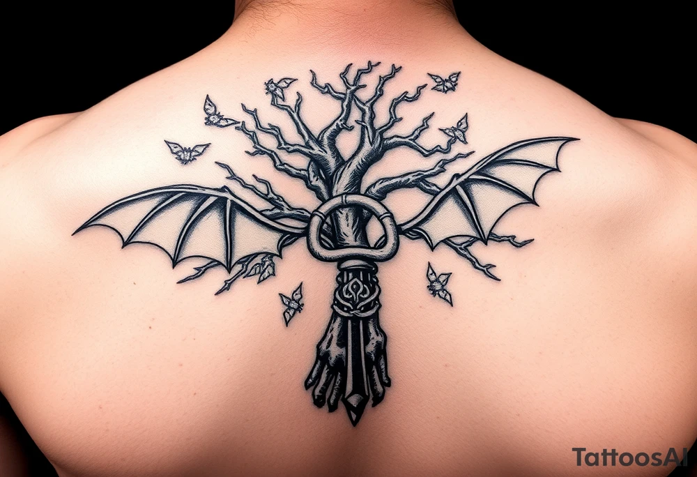 poison tree wrapped around an ankh with bats flying around the tree forearm tattoo tattoo idea