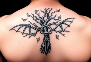 poison tree wrapped around an ankh with bats flying around the tree forearm tattoo tattoo idea