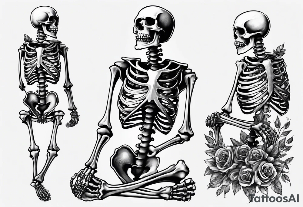 a full body skeleton sitting with his heart in his hand tattoo idea