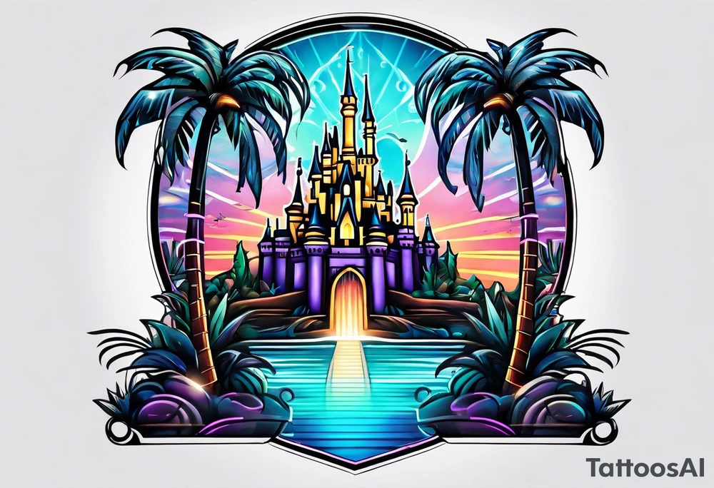 disney castle palm tree tron style tattoo idea